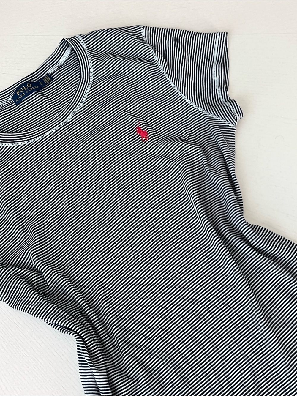 Polo by Ralph Lauren Women's Navy and White Striped Crew Tee with Red Pony - Picture 4 of 5